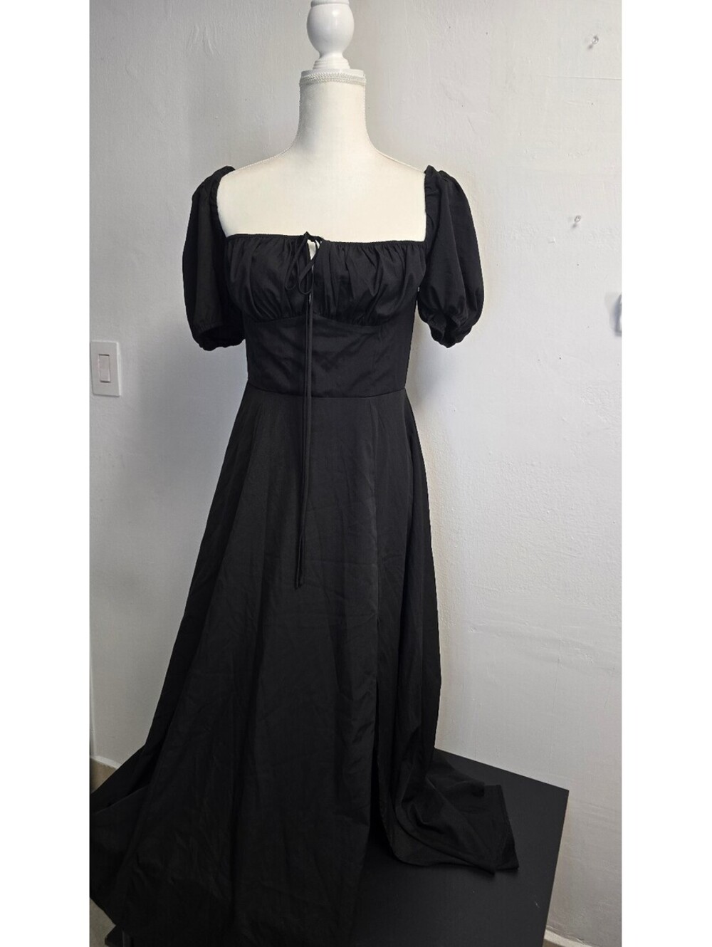 Black Maxi Dress Puff Sleeve Square Neck Side Slit Size S